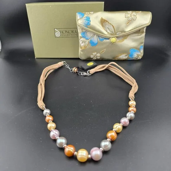 NWT Honora Multi-Color Cultured  Pearl Necklace Tan Cord Adjustable Box & Bag - Picture 6 of 10